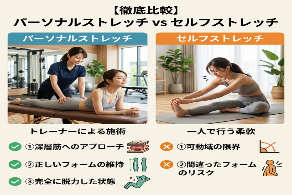 パーソナルストレッチとセルフストレッチの違いを比較した図解