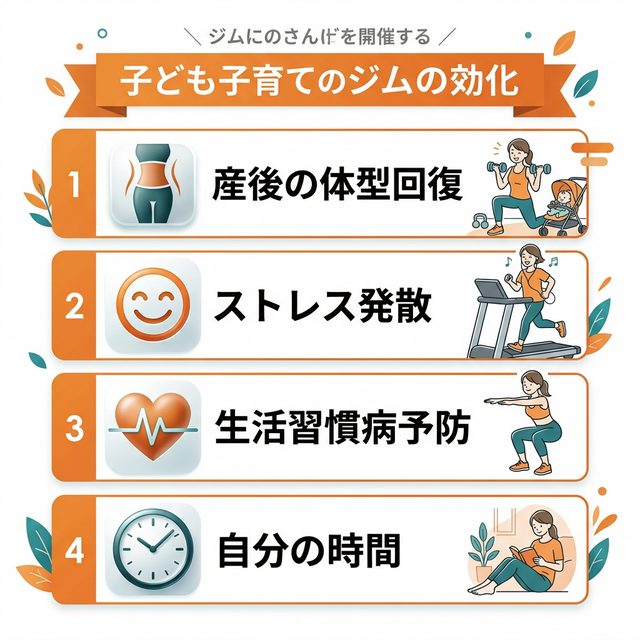 子連れでジムに通うメリットを紹介するインフォグラフィック