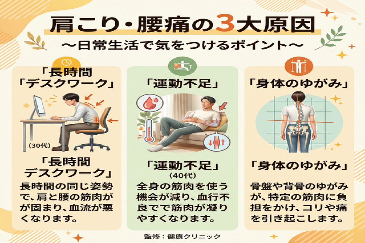 肩こり・腰痛の3つの原因を解説したインフォグラフィック