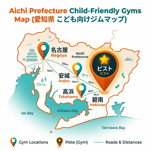 愛知県の子連れで通えるジム5選のエリアマップ