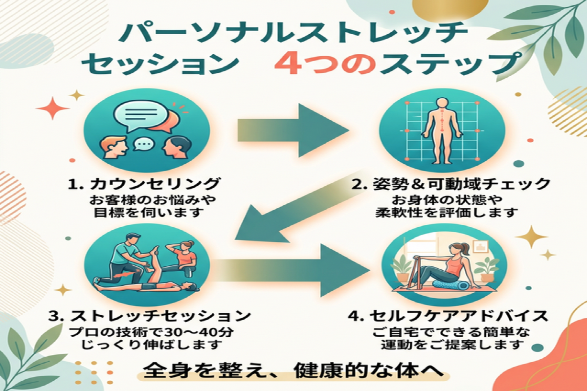 パーソナルストレッチの施術ステップを解説した図解