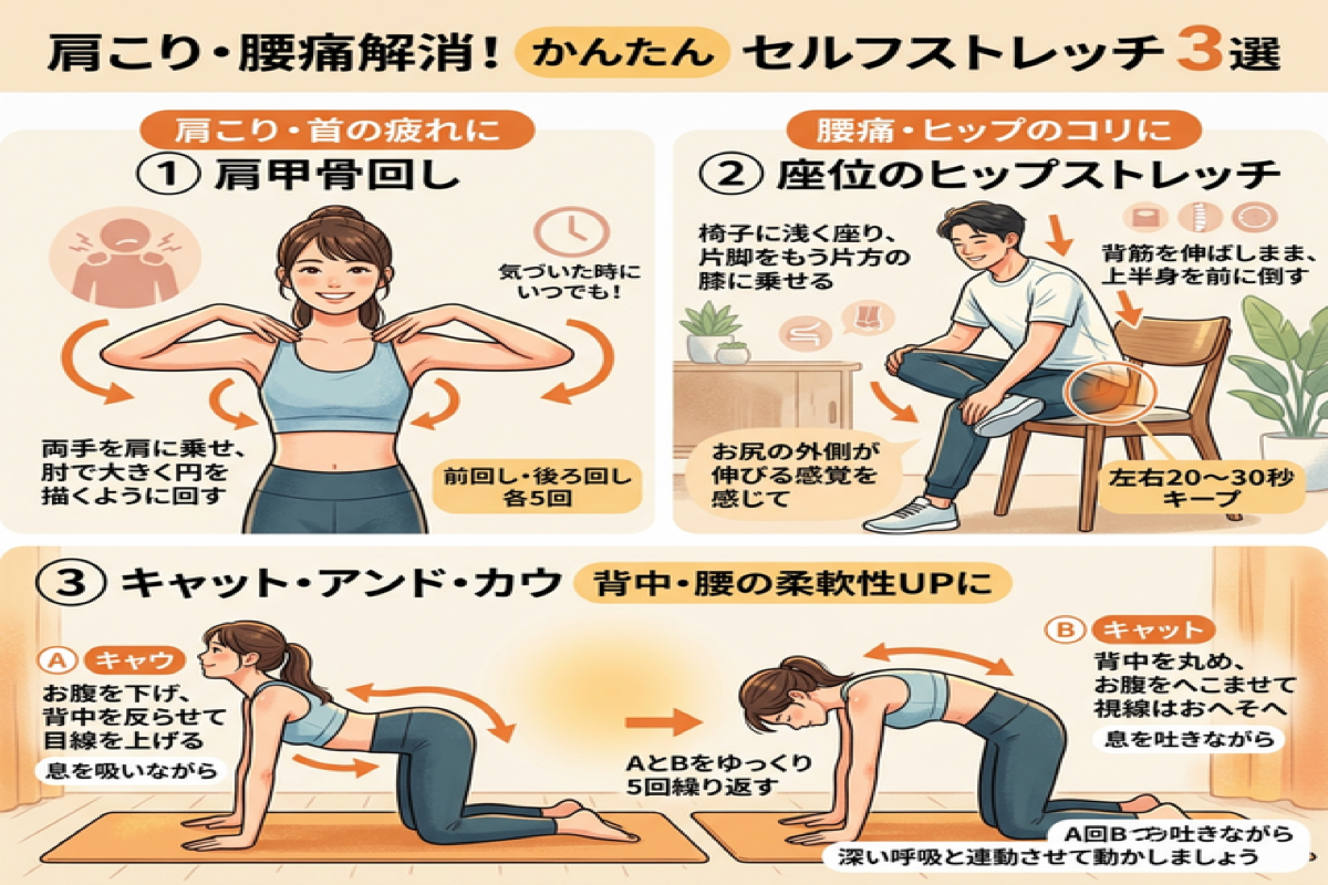 自宅でできる肩こり・腰痛セルフストレッチのポーズ解説