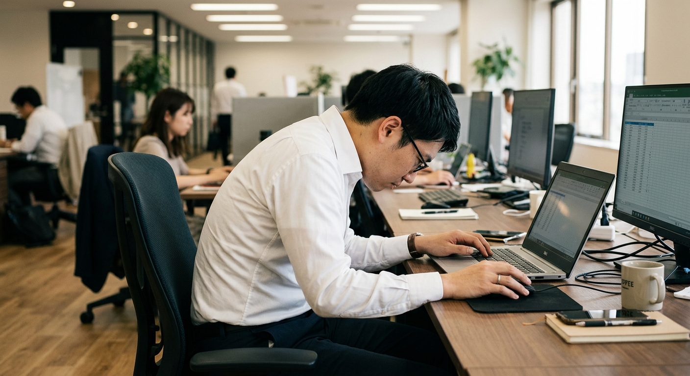 デスクワークによる猫背姿勢が肩こりを引き起こす様子