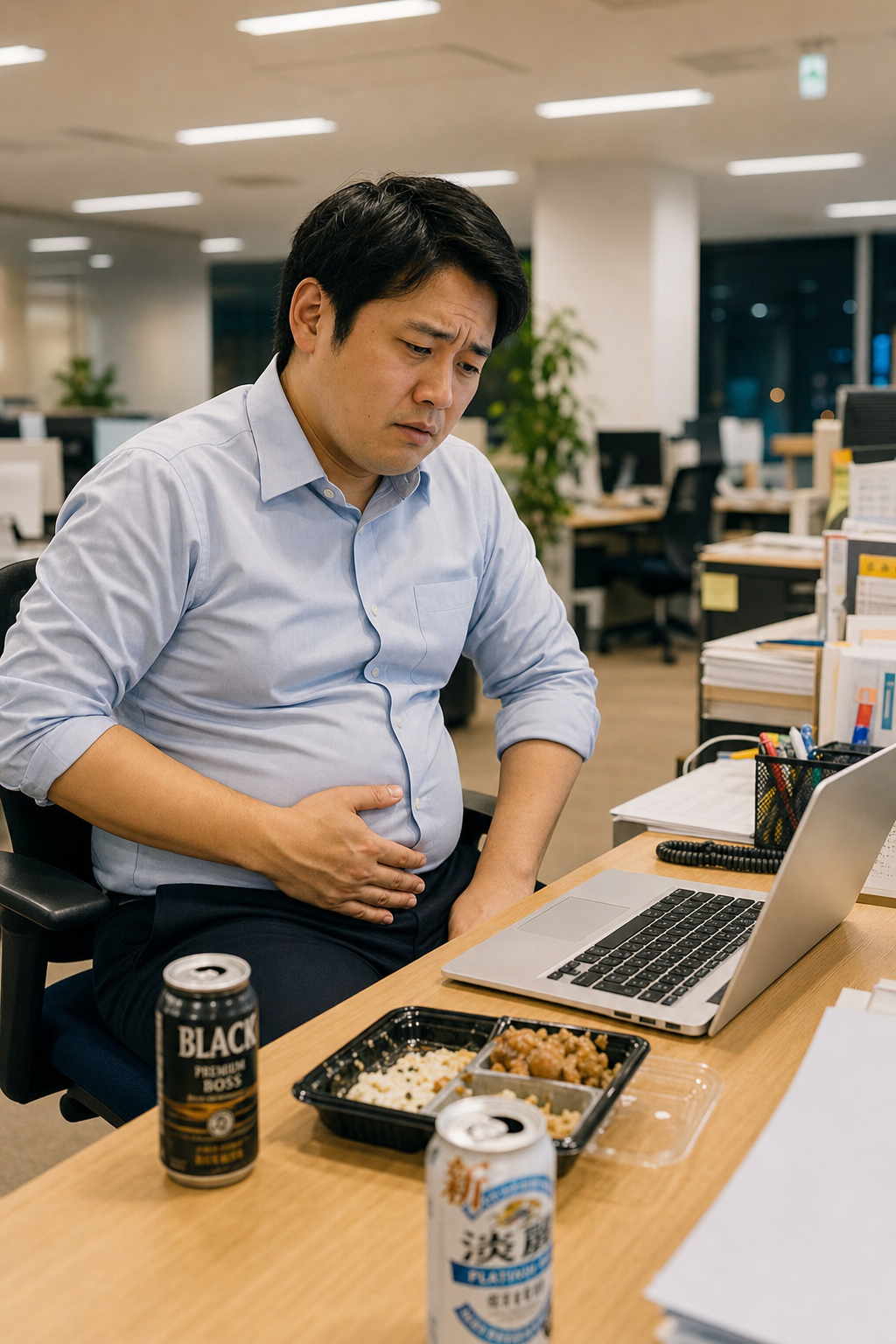 デスクワークと外食続きで体型が崩れた30代男性会社員