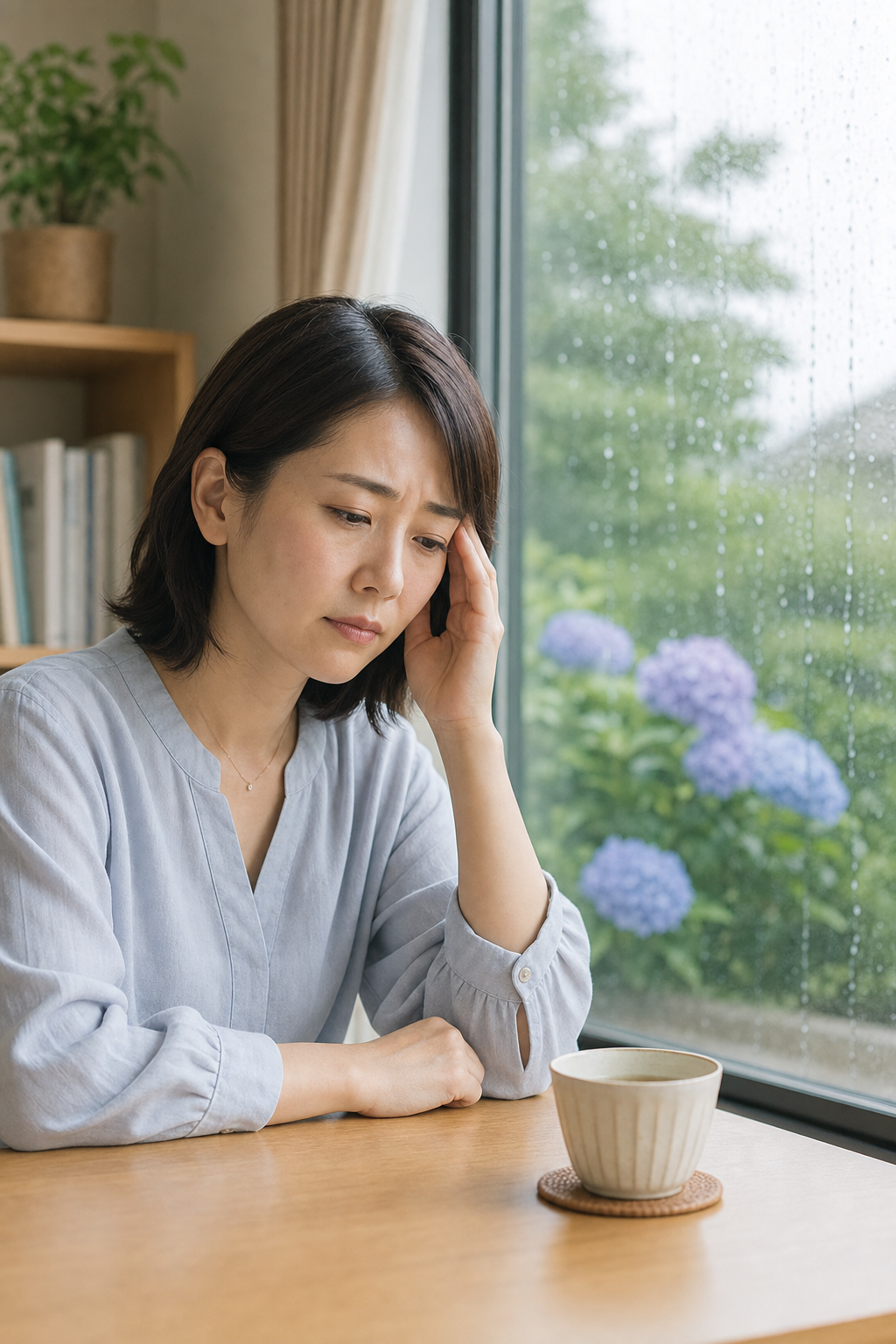 梅雨の低気圧で頭痛・だるさに悩む女性