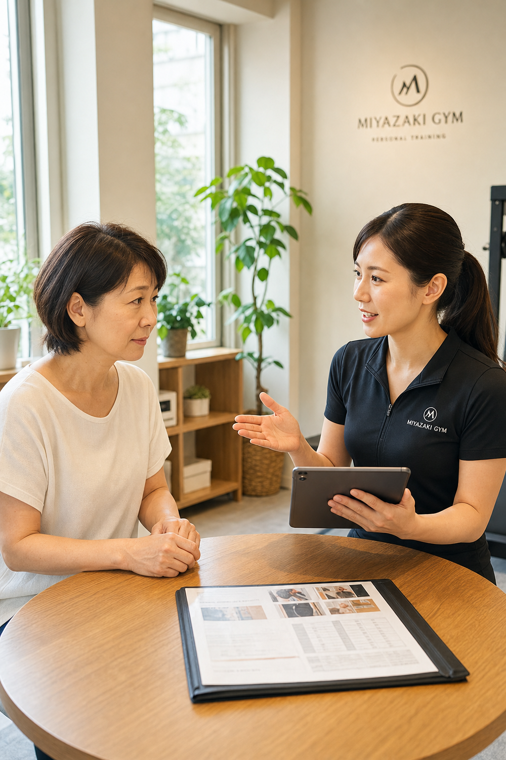 更年期太りに悩む50代女性が碧南のジムで初回カウンセリングを受ける様子