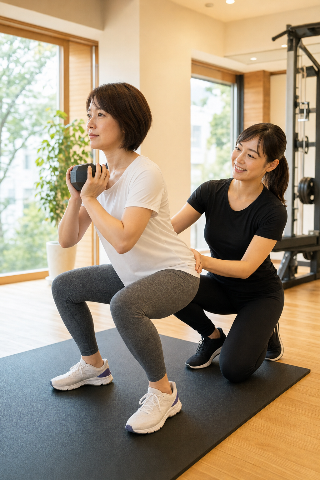 碧南Pisteでパーソナルトレーナーが40代女性に丁寧にフォーム指導する様子