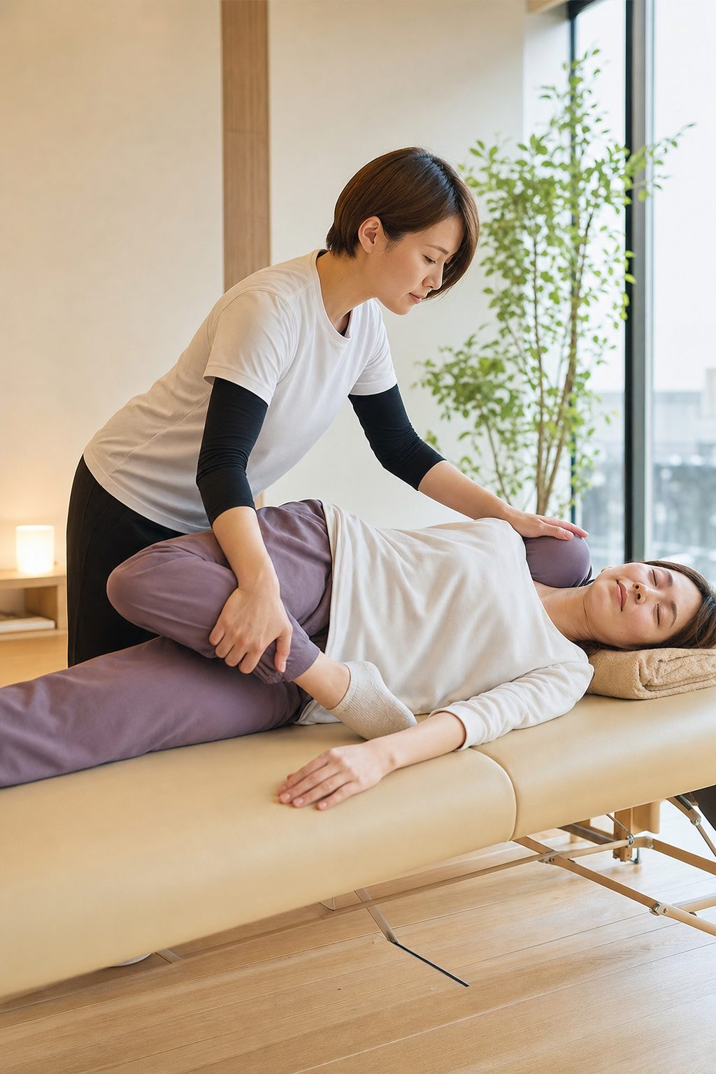 碧南Pisteで産後の腰や肩のためのパーソナルストレッチを受ける30代女性