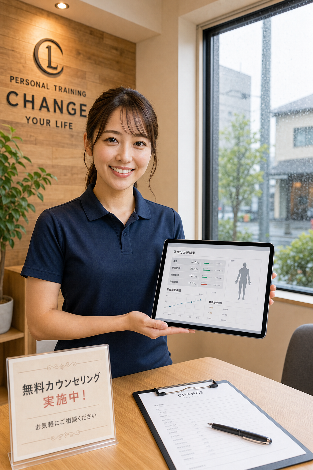 碧南Pisteの無料カウンセリングを案内する女性トレーナー