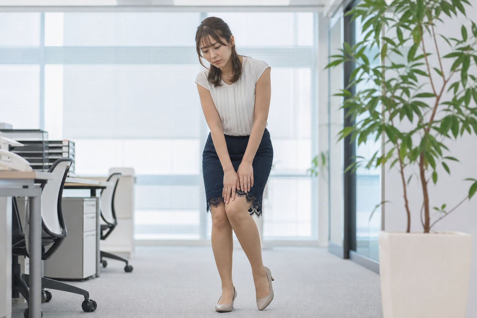 夏に脚がむくむ原因となる冷房の効いたオフィスで立ち仕事をする女性