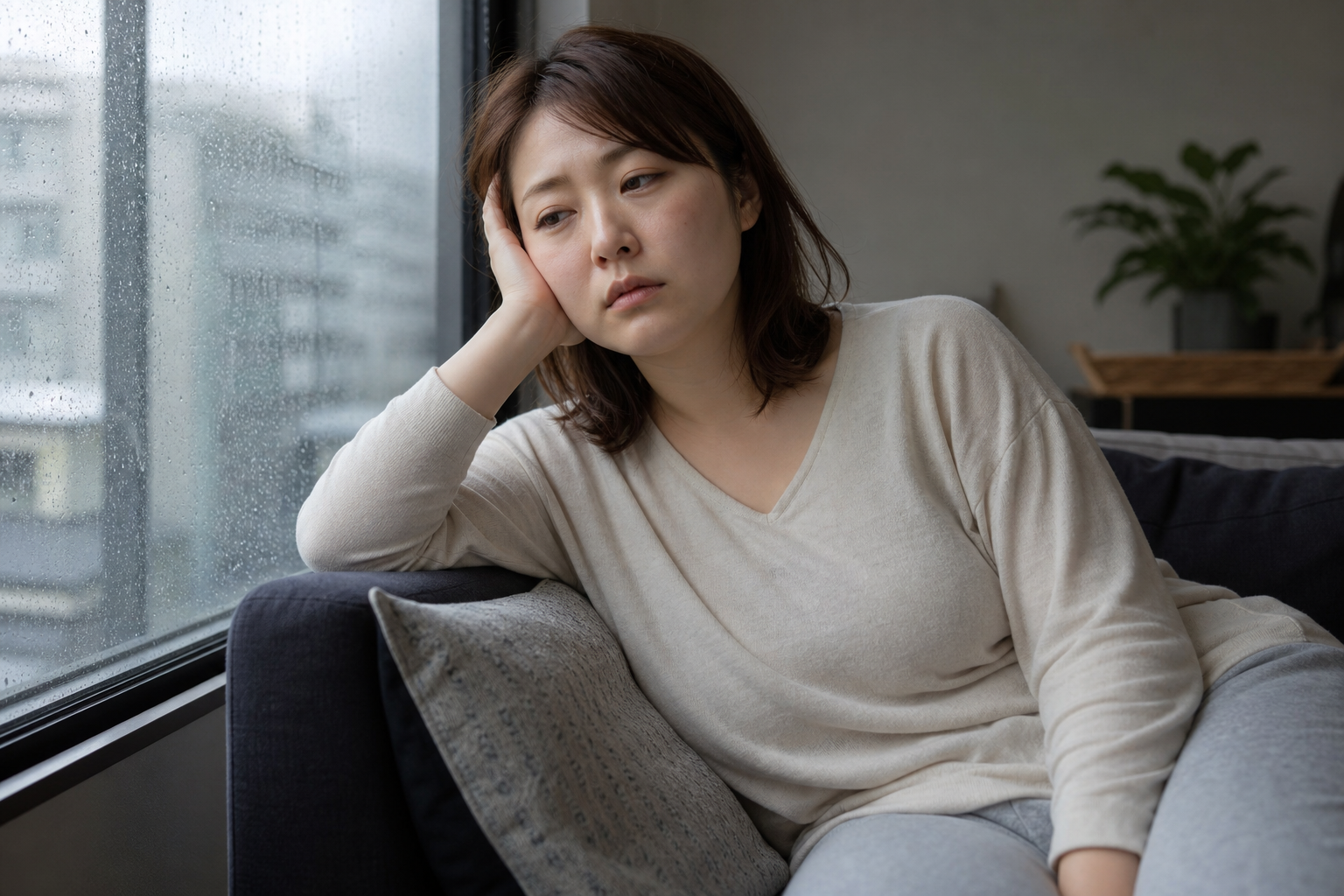 梅雨の時期に体が重だるくむくみを感じる女性