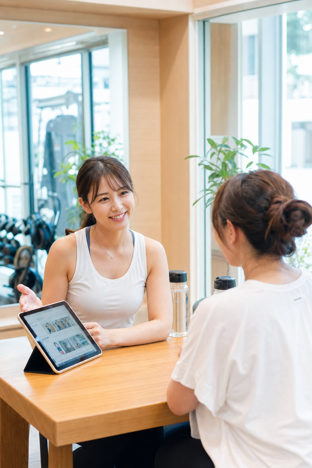 碧南 パーソナルジムでカウンセリングを受ける女性とトレーナー