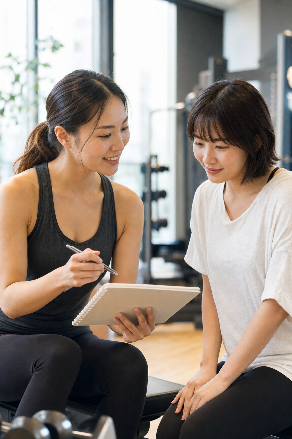 碧南Pisteで食事アドバイスを受ける女性とトレーナー