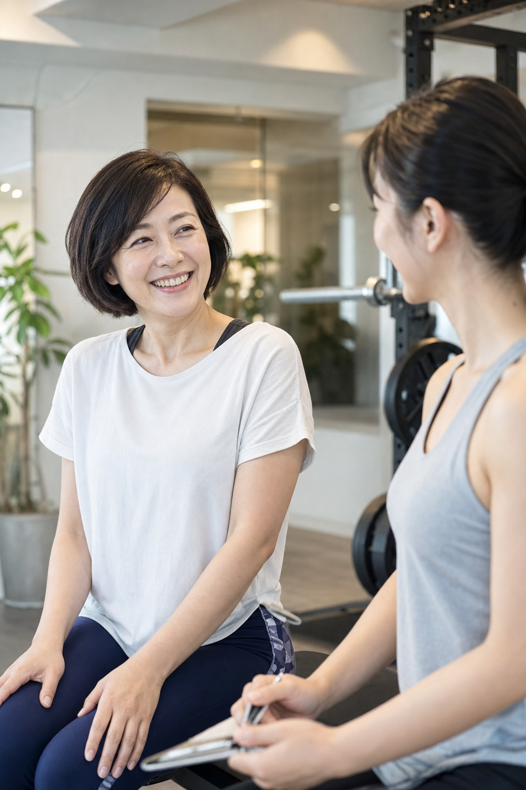 碧南Pisteのトレーナーと笑顔で話す40代女性会員