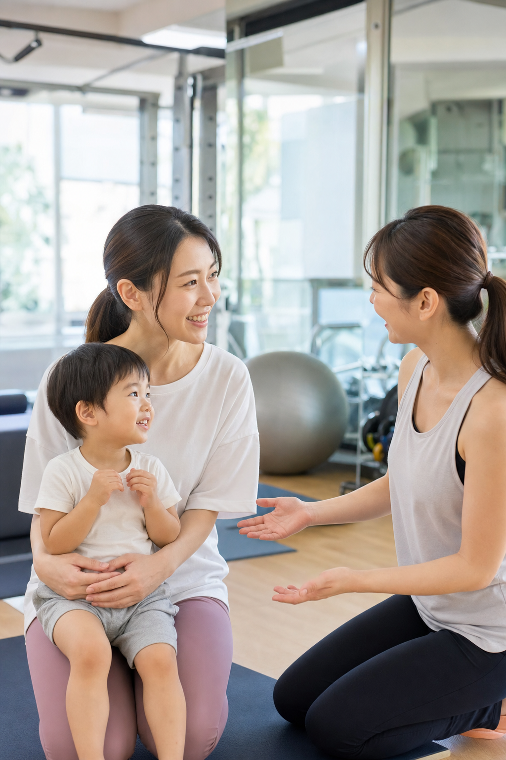 碧南Pisteのトレーナーと笑顔で話す30代ママと子ども