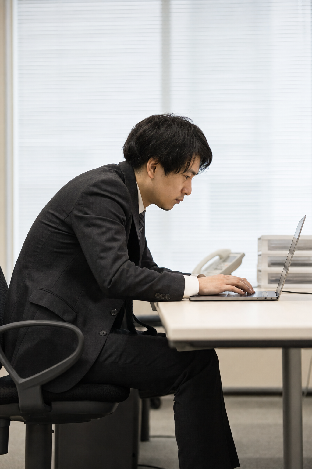 長時間のデスクワークで頭が前に出て背中が丸まり巻き肩になっている会社員の姿勢