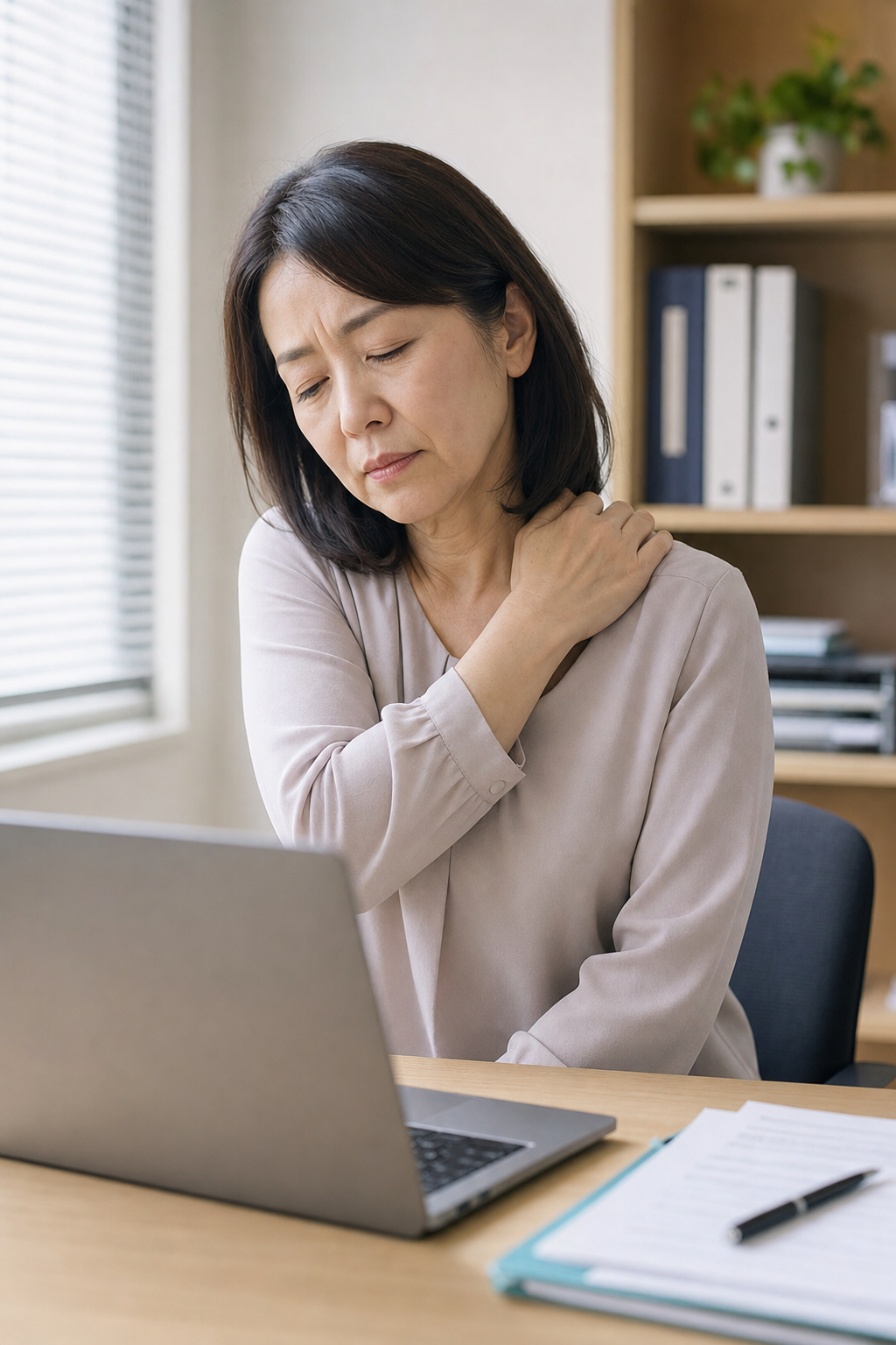 長年の肩こりと腰の重だるさに悩みデスクワークで肩を押さえる50代女性の様子