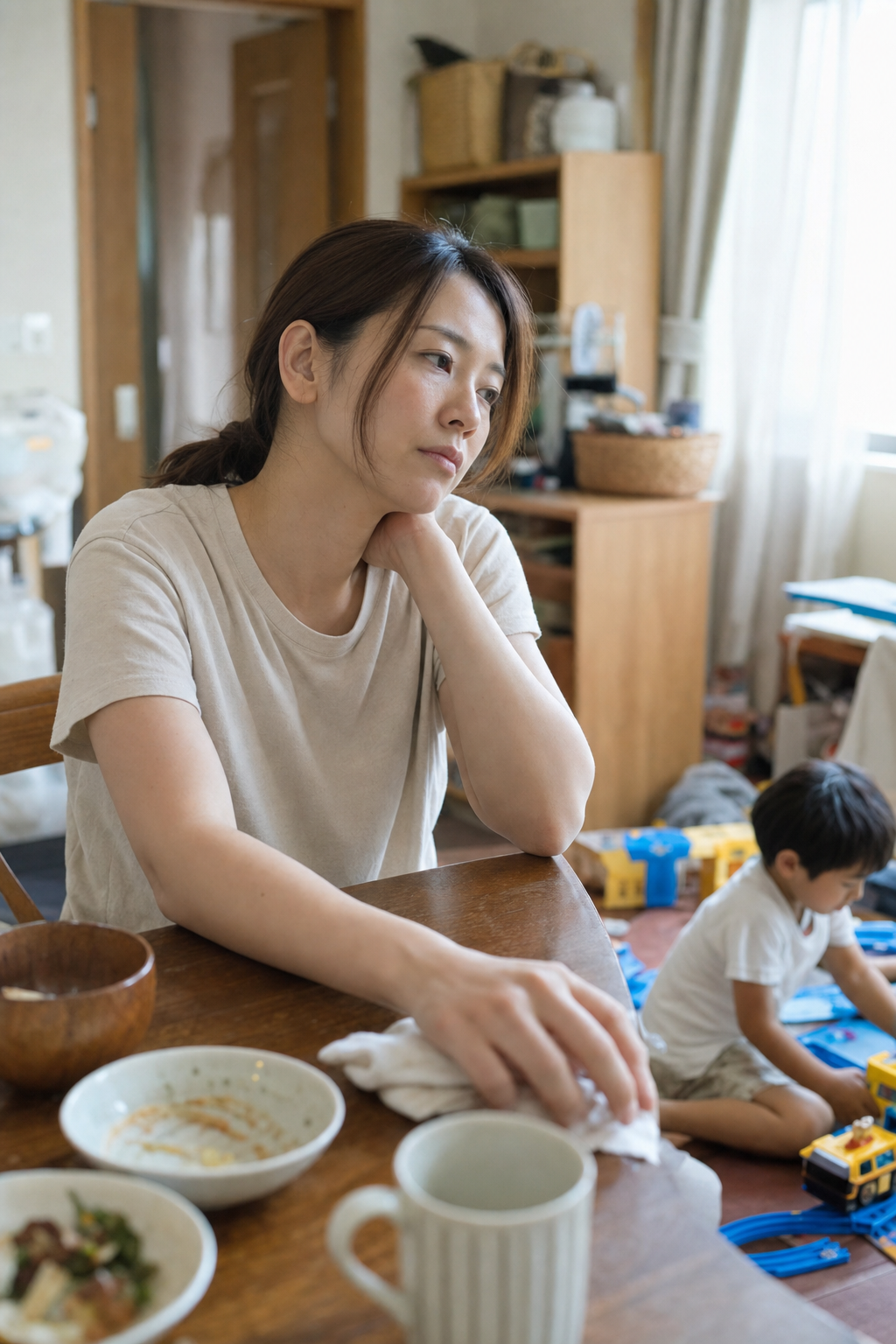 夏休みで子どもが家にいて自分の運動時間が取れず悩むママの様子