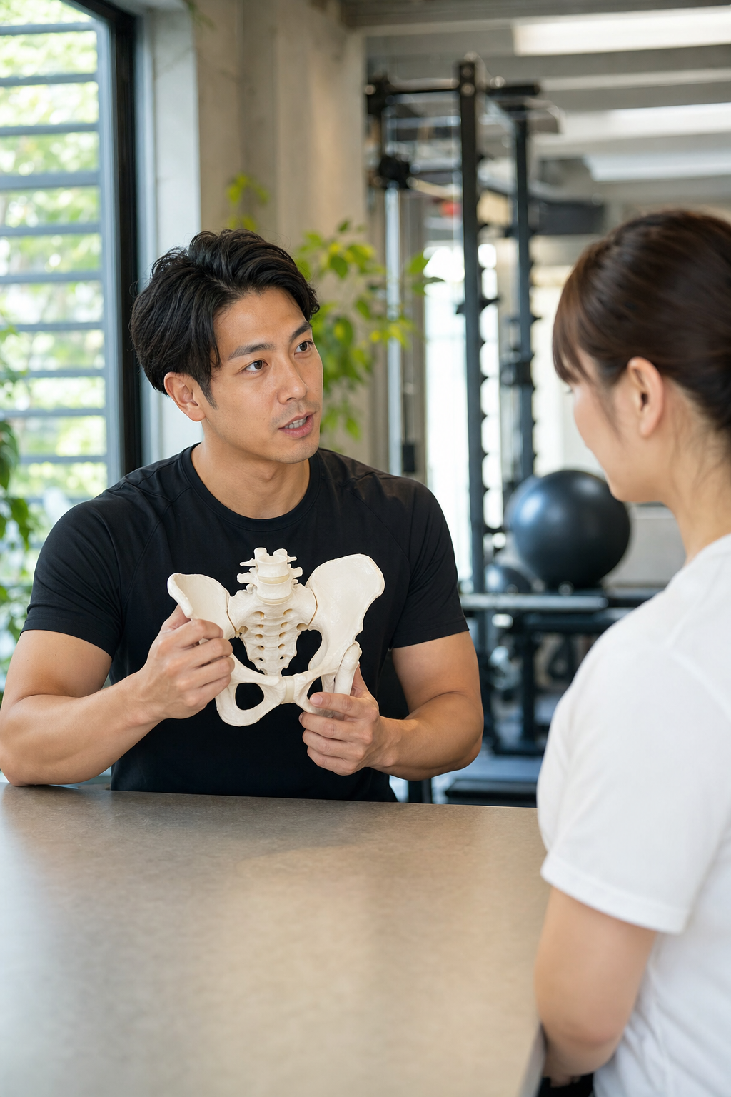 腰の痛みの原因をトレーナーが骨盤の模型を使って説明している様子