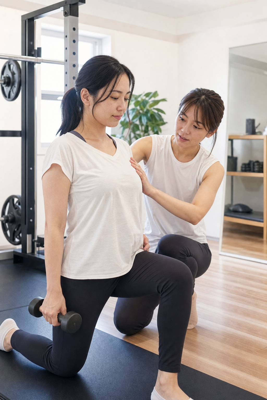 碧南Pisteでトレーナーが産後の女性に合わせて無理のないトレーニングを指導する様子