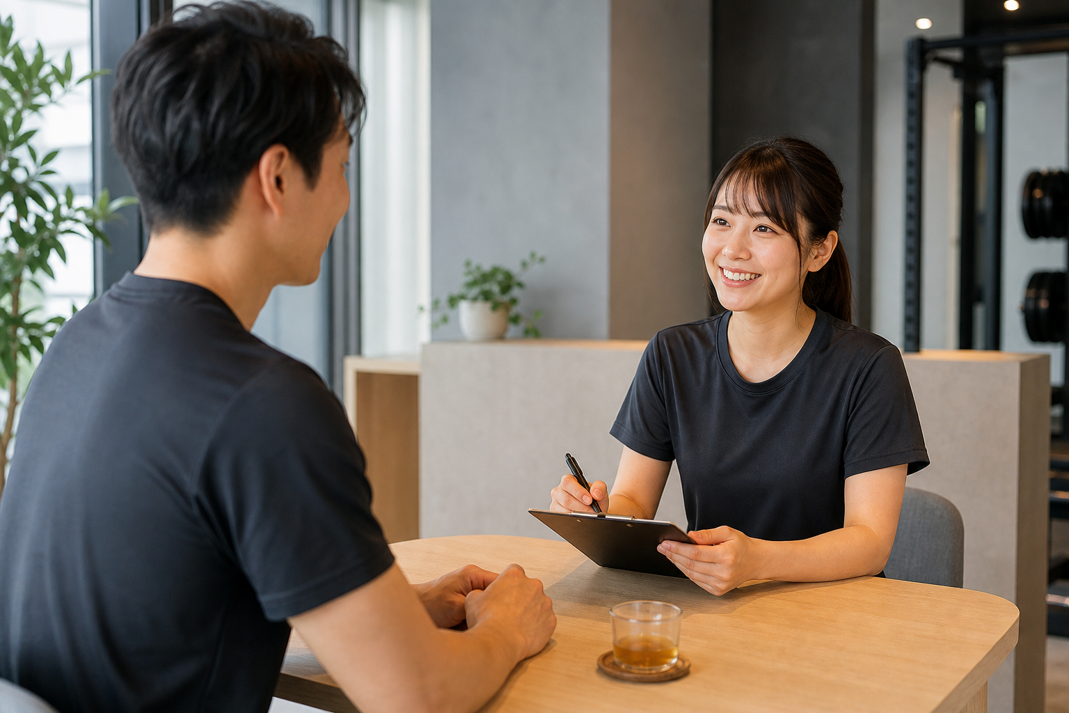 碧南Pisteの初回体験でトレーナーが悩みや目標を丁寧にヒアリングするカウンセリングの様子