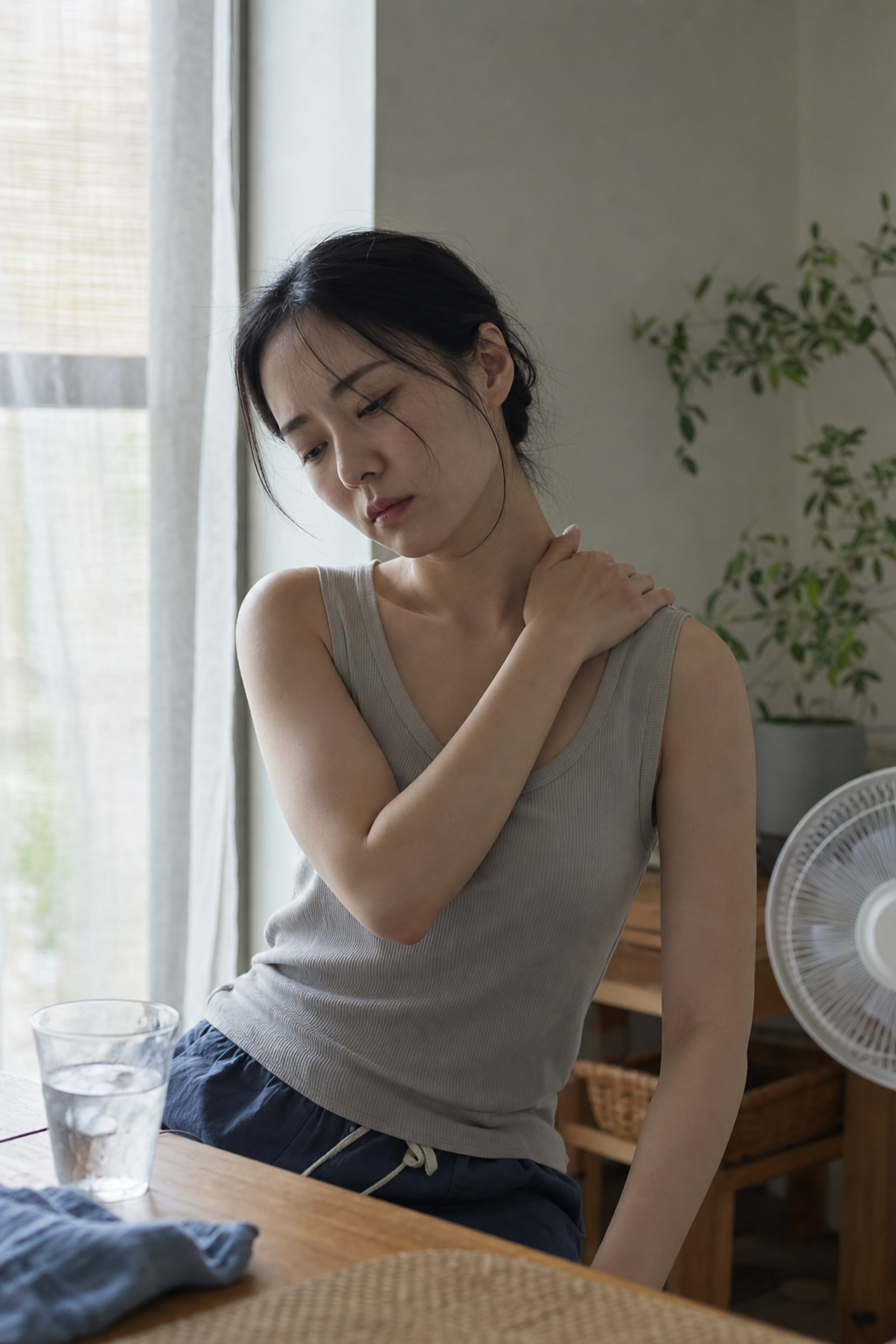 冷房冷えによる肩こりやだるさなど夏の不調を感じる女性のイメージ