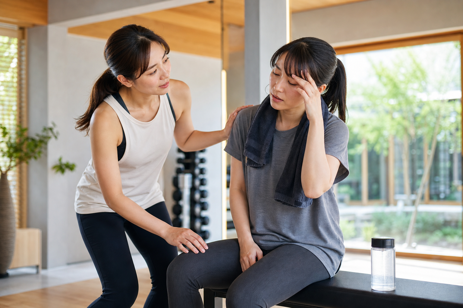運動中に体調の変化に気づき休憩をとる女性と気づかうトレーナー