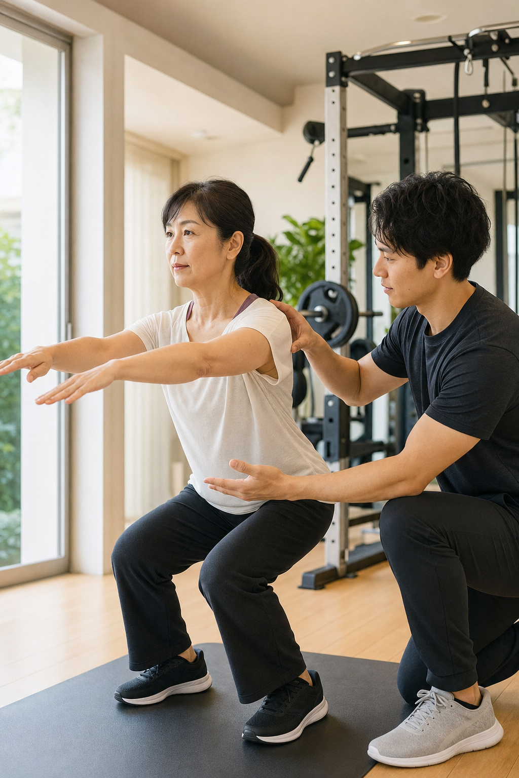 トレーナーが正しいフォームを丁寧に指導し無理なく運動を続けられるよう支える様子