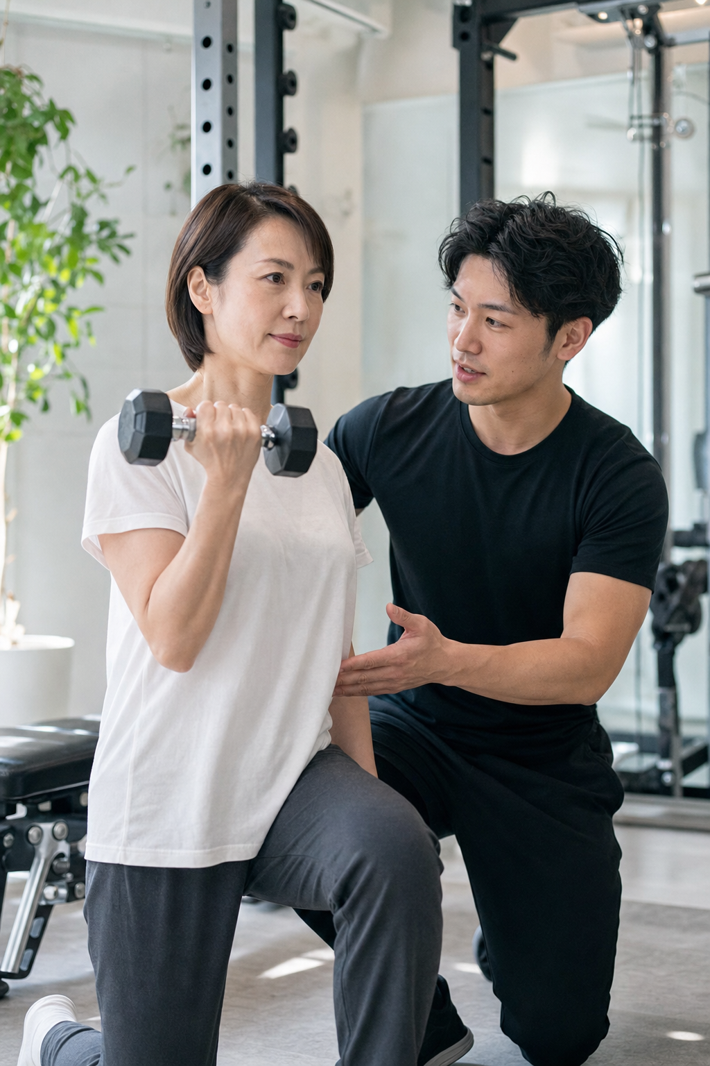 碧南Pisteでトレーナーの指導を受けながら全身を鍛えるパーソナルトレーニングの様子
