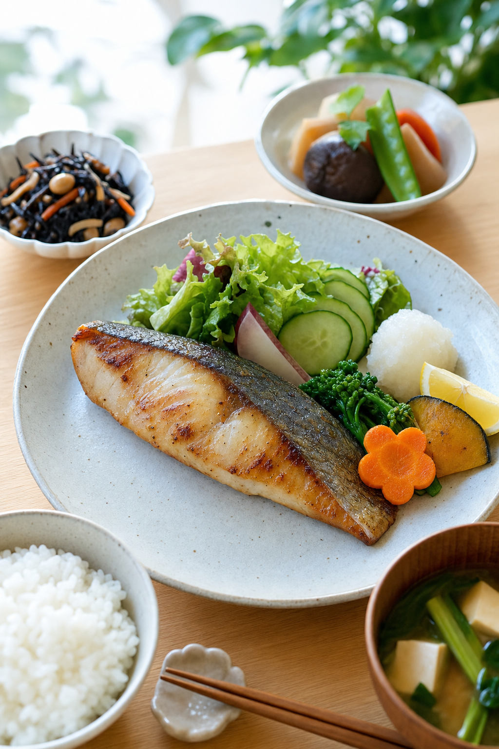タンパク質と野菜を中心にしたバランスの良い健康的な食事のイメージ