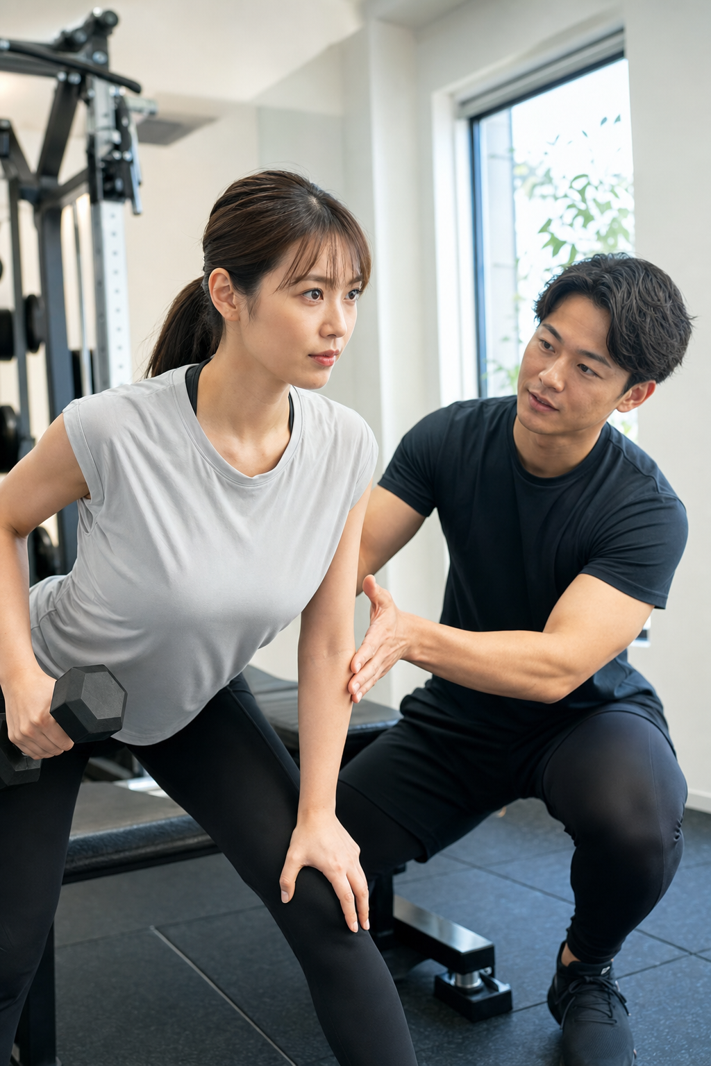 碧南Pisteのトレーナーがマンツーマンで筋トレを指導し基礎代謝を上げるパーソナルトレーニングの様子