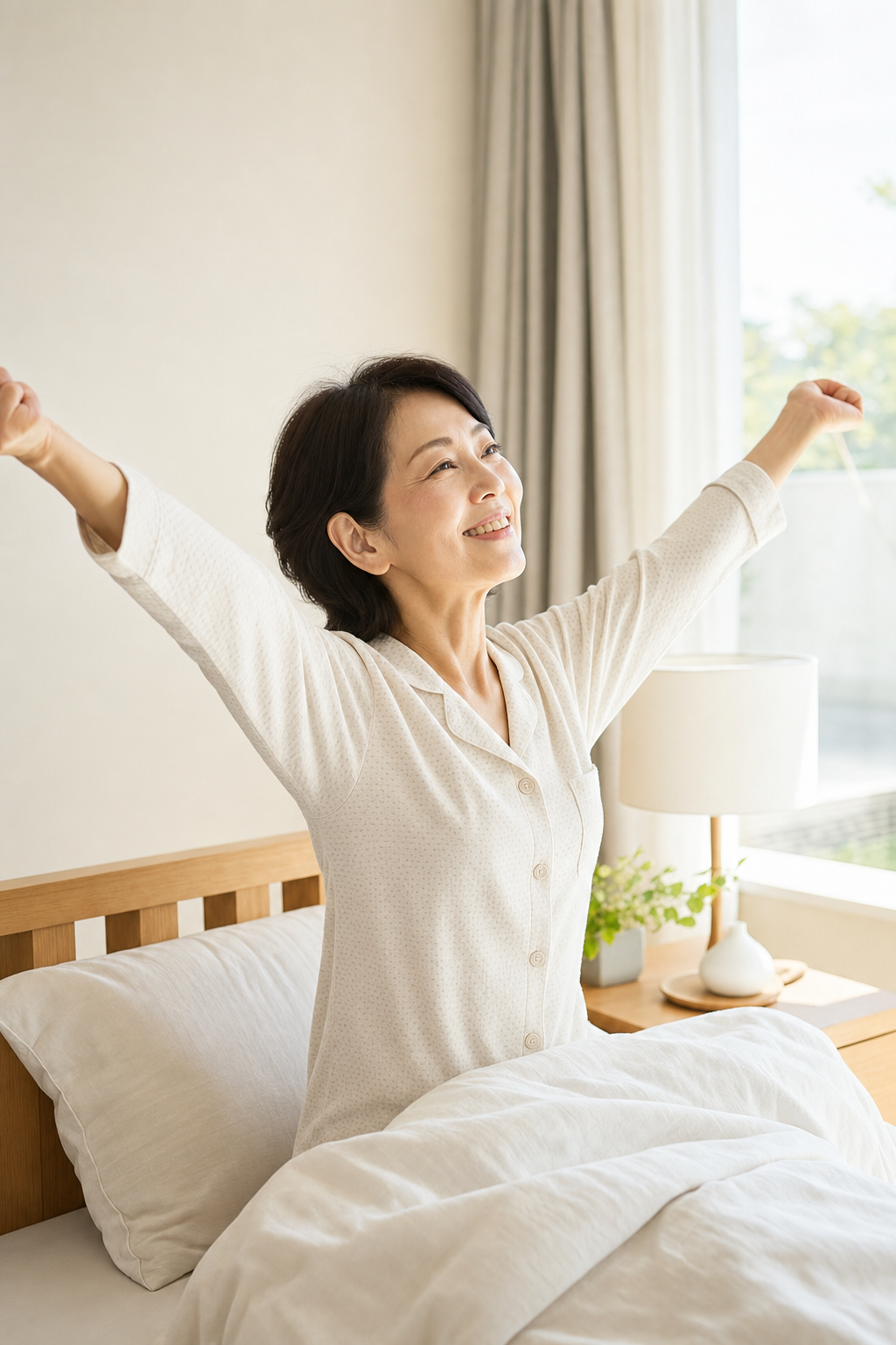 パーソナルストレッチを続けて体が軽くなり朝すっきり目覚めた50代女性の様子