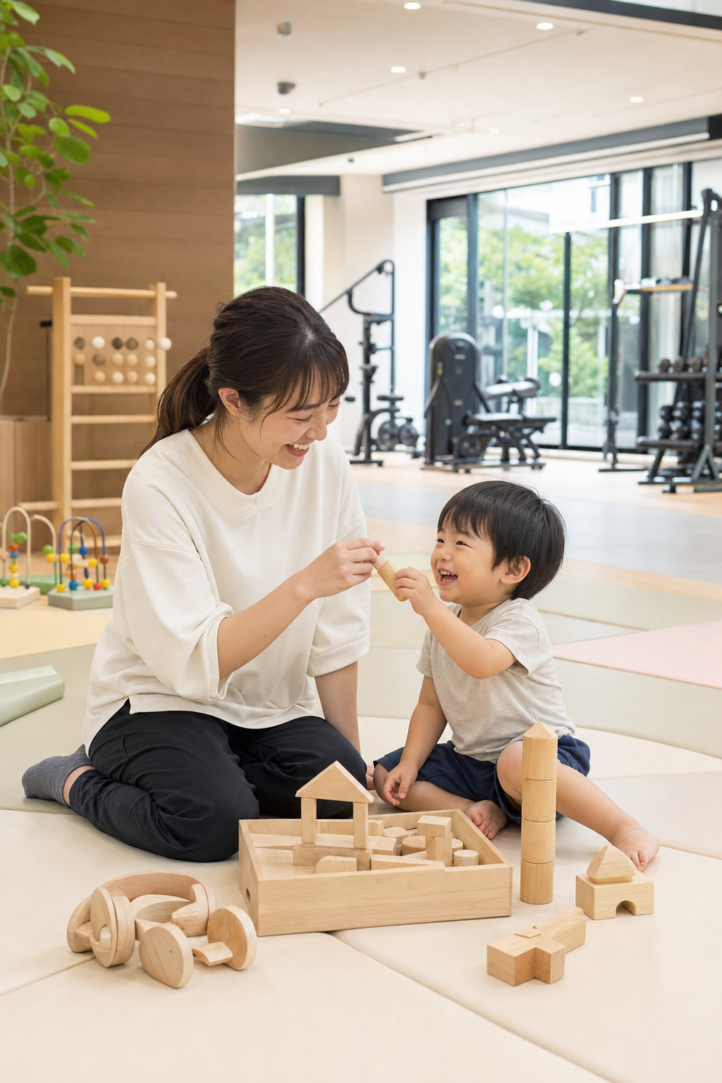碧南Pisteの保育士常駐キッズスペースで保育士と一緒に安心して遊ぶ子どもの様子