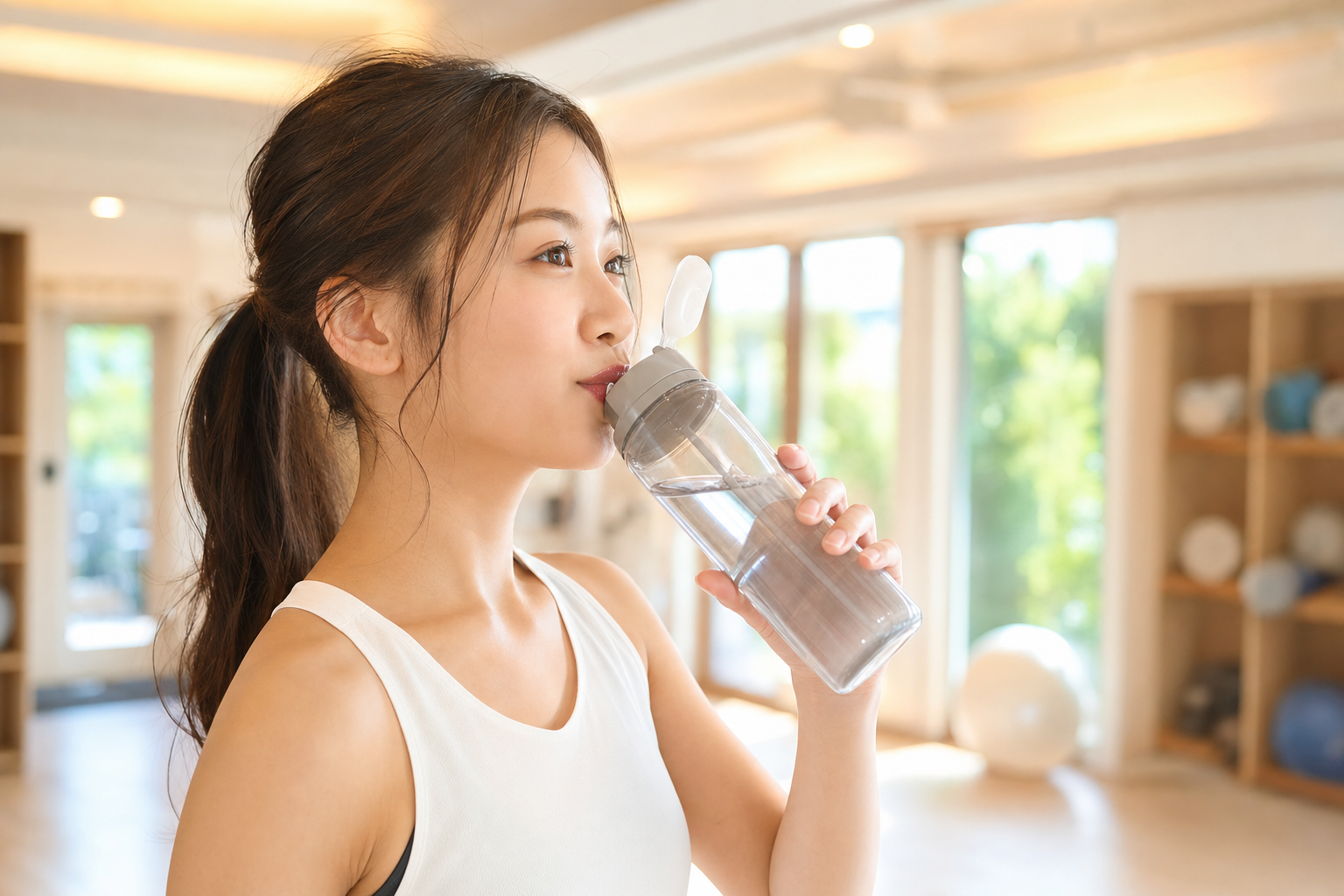 運動の合間にこまめに水分補給をする女性