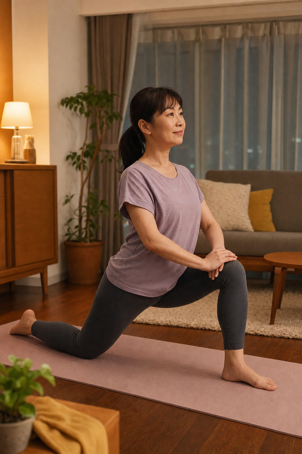 自宅でお風呂上がりに股関節の前側を伸ばすストレッチをする女性の様子