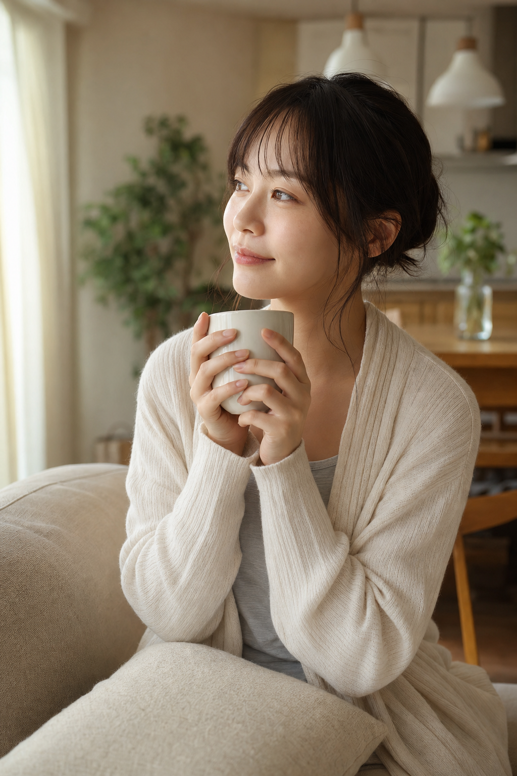 冷房対策に羽織りものや温かい飲み物で首元を冷やさないようにする女性のセルフケアの様子
