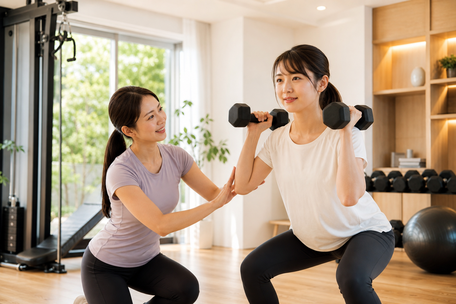 碧南Pisteの涼しい個室で体調に合わせて安全にトレーニングする女性とトレーナー
