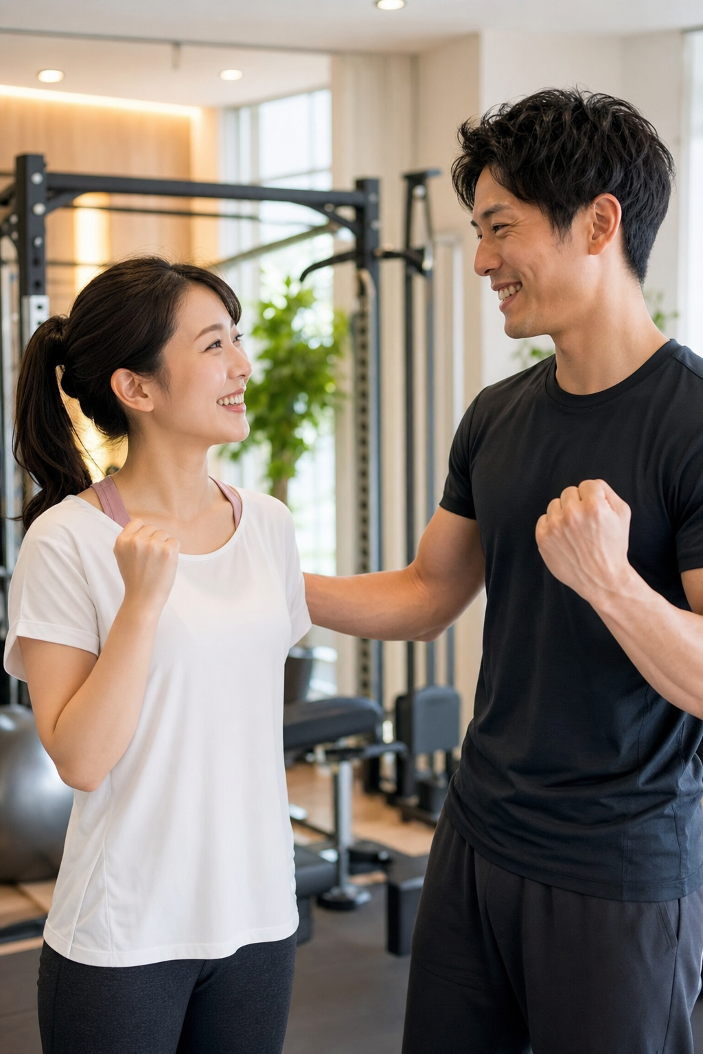 碧南Pisteでトレーナーと一緒にダイエットを続け笑顔で前を向く女性の様子