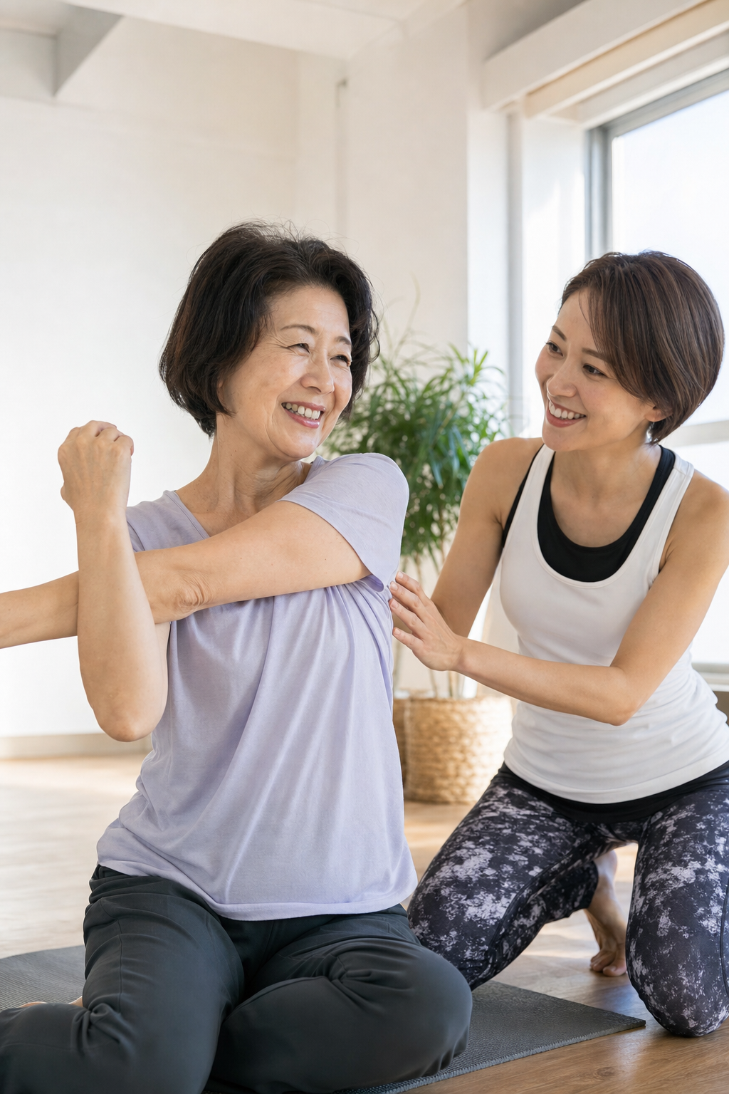 碧南Pisteでパーソナルストレッチを受け笑顔で前向きになった50代女性とトレーナーの様子