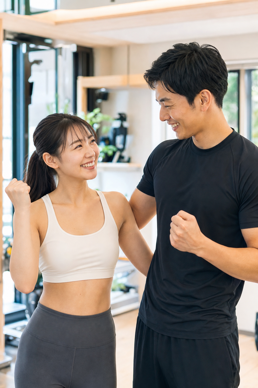 碧南Pisteでトレーナーと一緒に体づくりを続け笑顔で前を向く女性の様子