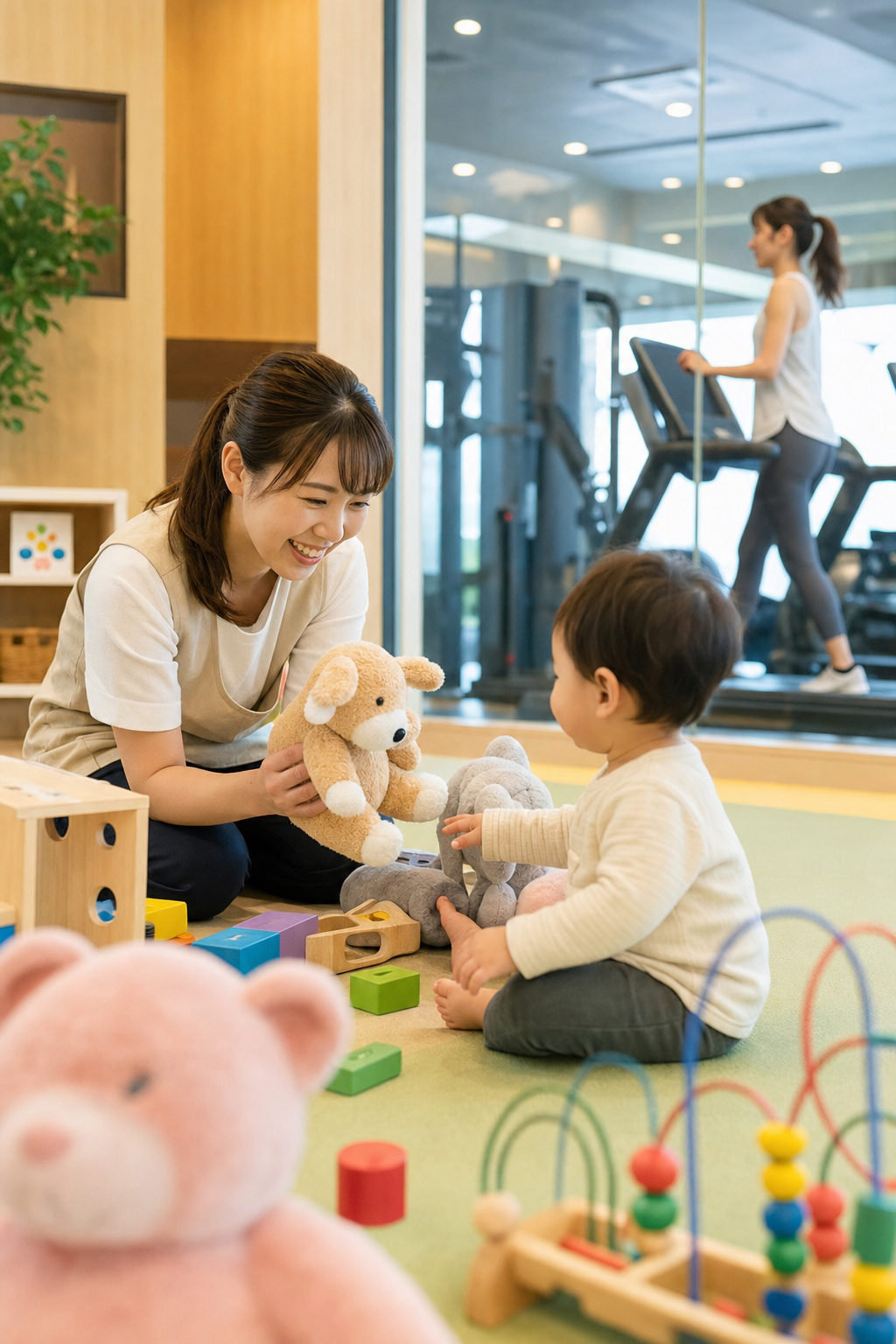 碧南Pisteの保育士常駐キッズスペースで子どもを預けてトレーニングするママの様子