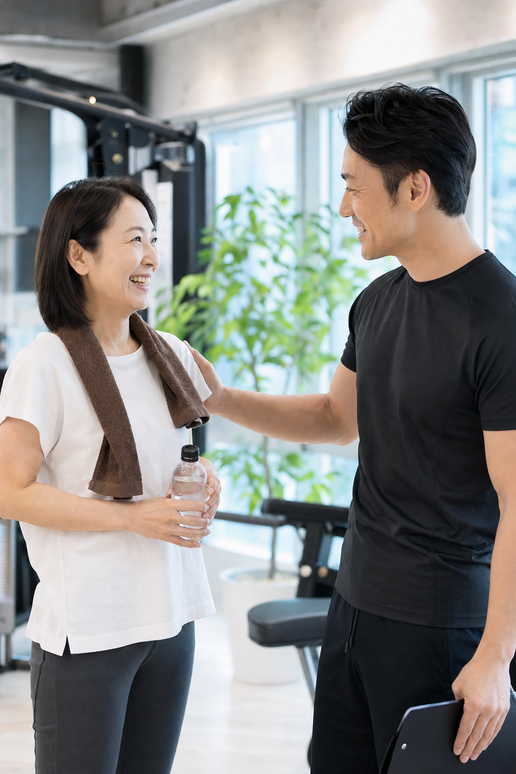 碧南のパーソナルジムPisteで初回体験を終え笑顔で握手するトレーナーと女性の様子