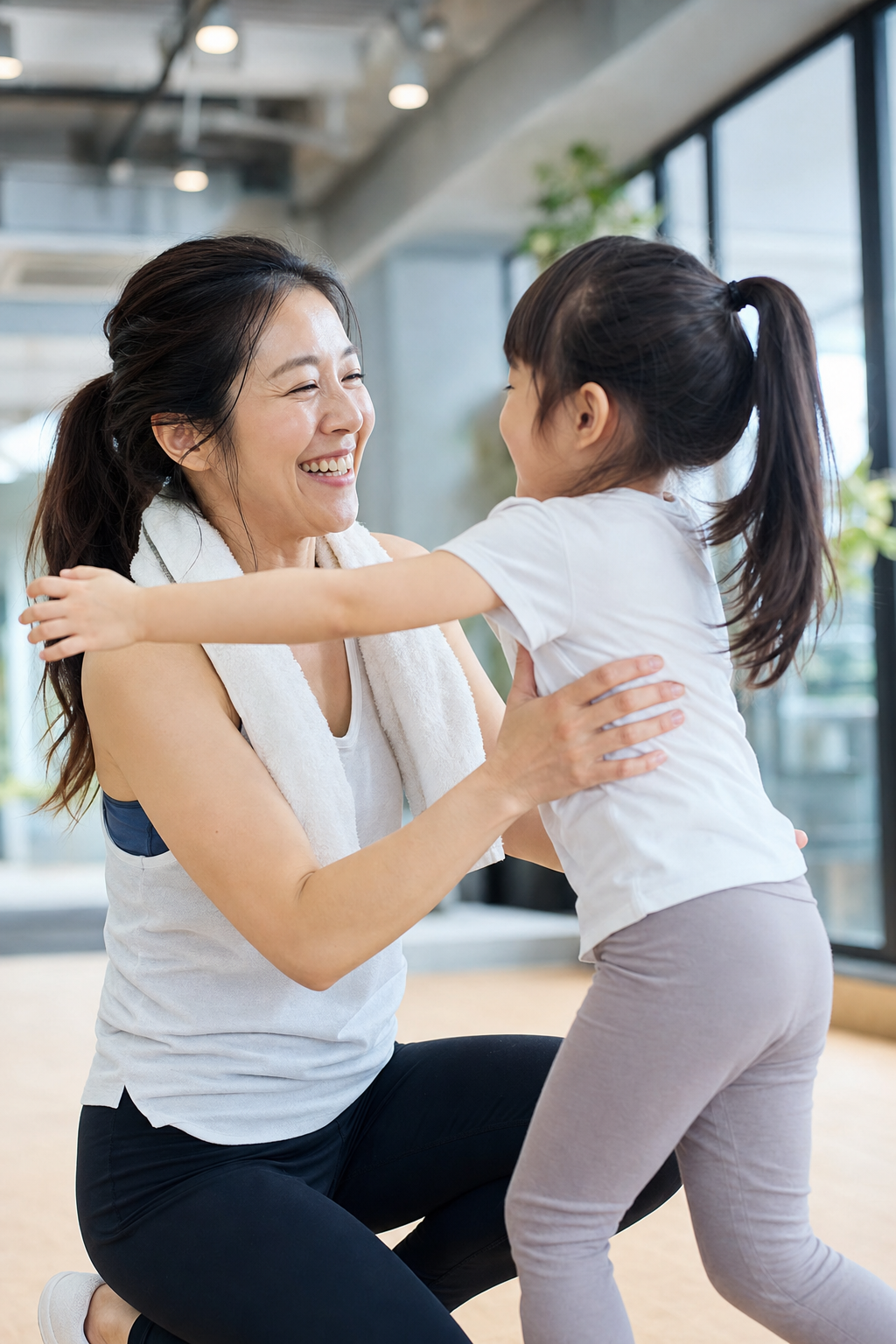 碧南Pisteでトレーニングを終えて子どもと笑顔で過ごすママの様子