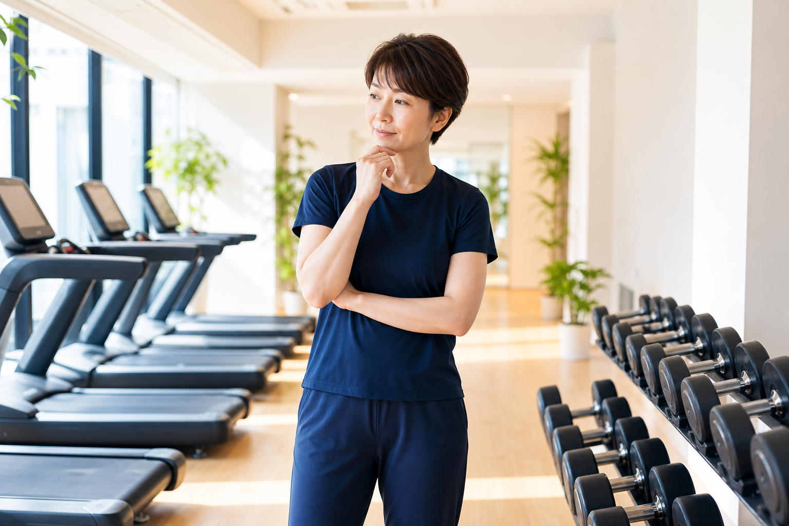 碧南市のジムで有酸素運動と筋トレの順番を確認する女性