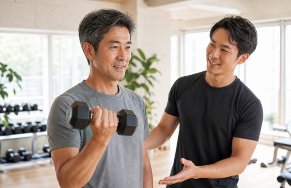 碧南のジムPisteでトレーナーと一緒にトレーニングに取り組む50代男性