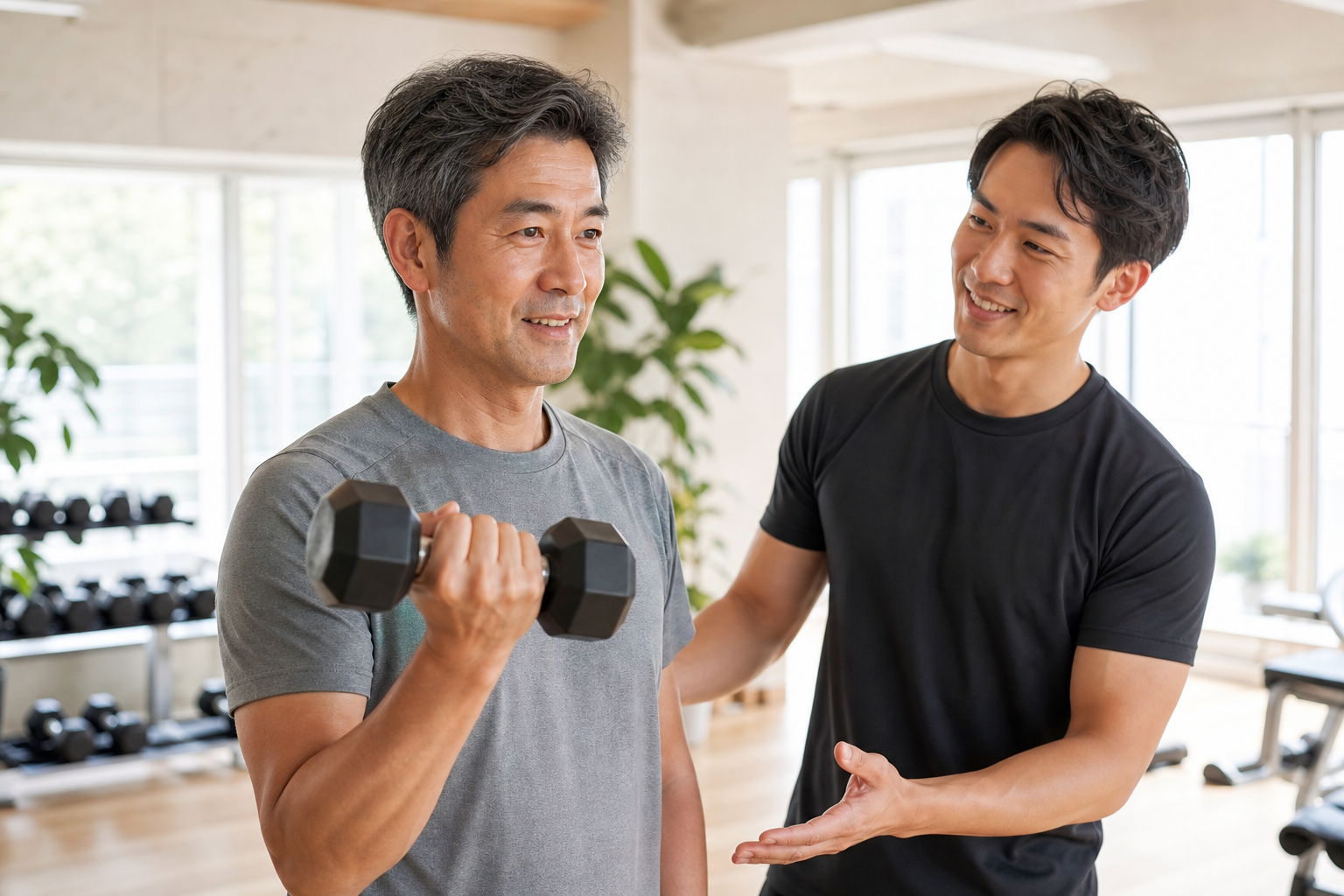 碧南のジムPisteでトレーナーと一緒にトレーニングに取り組む50代男性