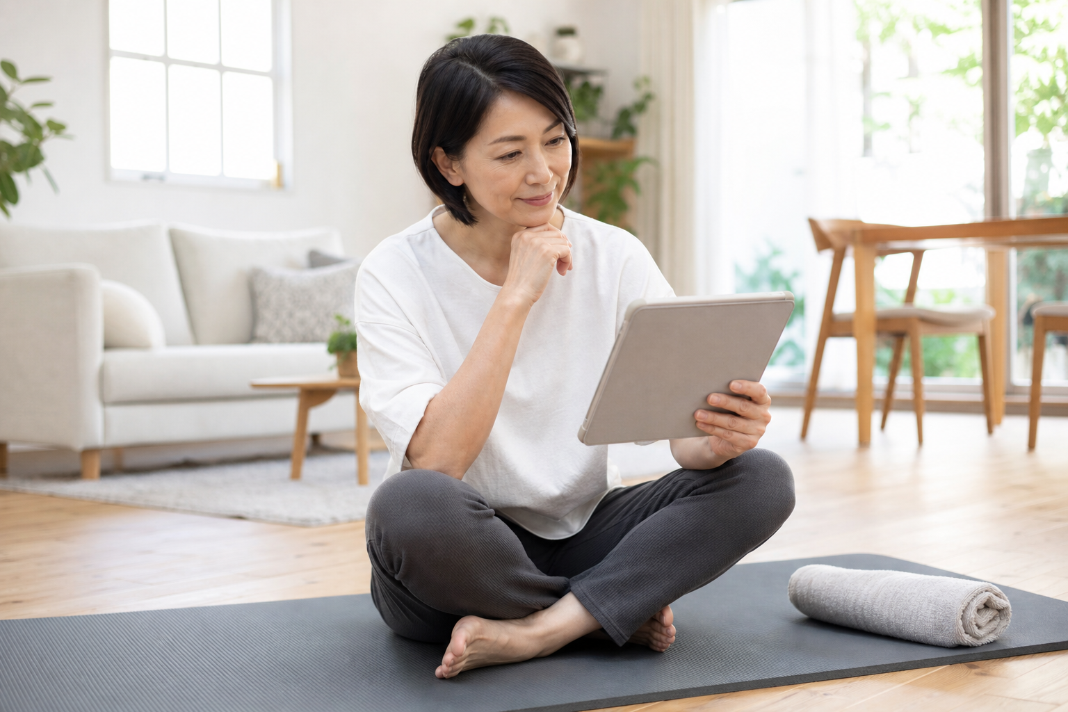 碧南でストレッチの種類の違いを調べている40代女性