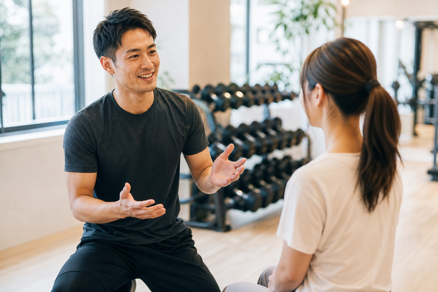 碧南市 ジムでトレーナーが筋トレを先にする理由を説明する様子