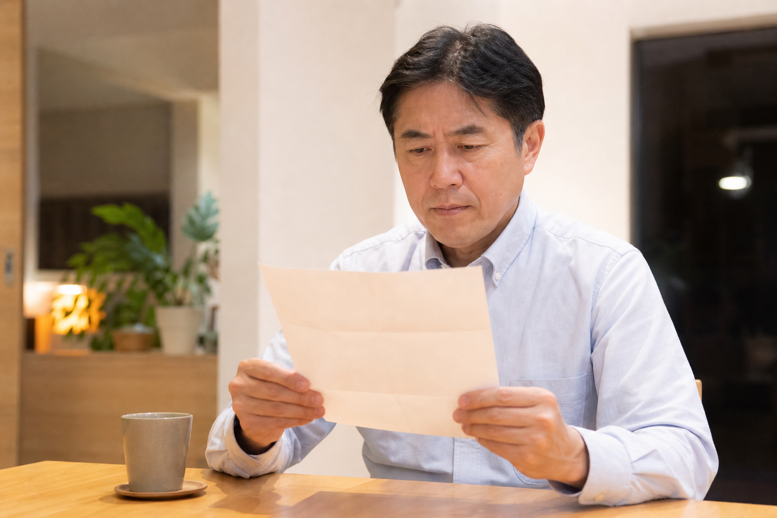 健康診断の結果表を見て生活習慣を見直そうと考える50代男性