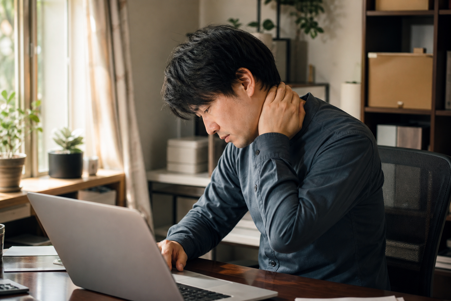 デスクワークで前傾姿勢になり巻き肩が進んだ30代男性の様子